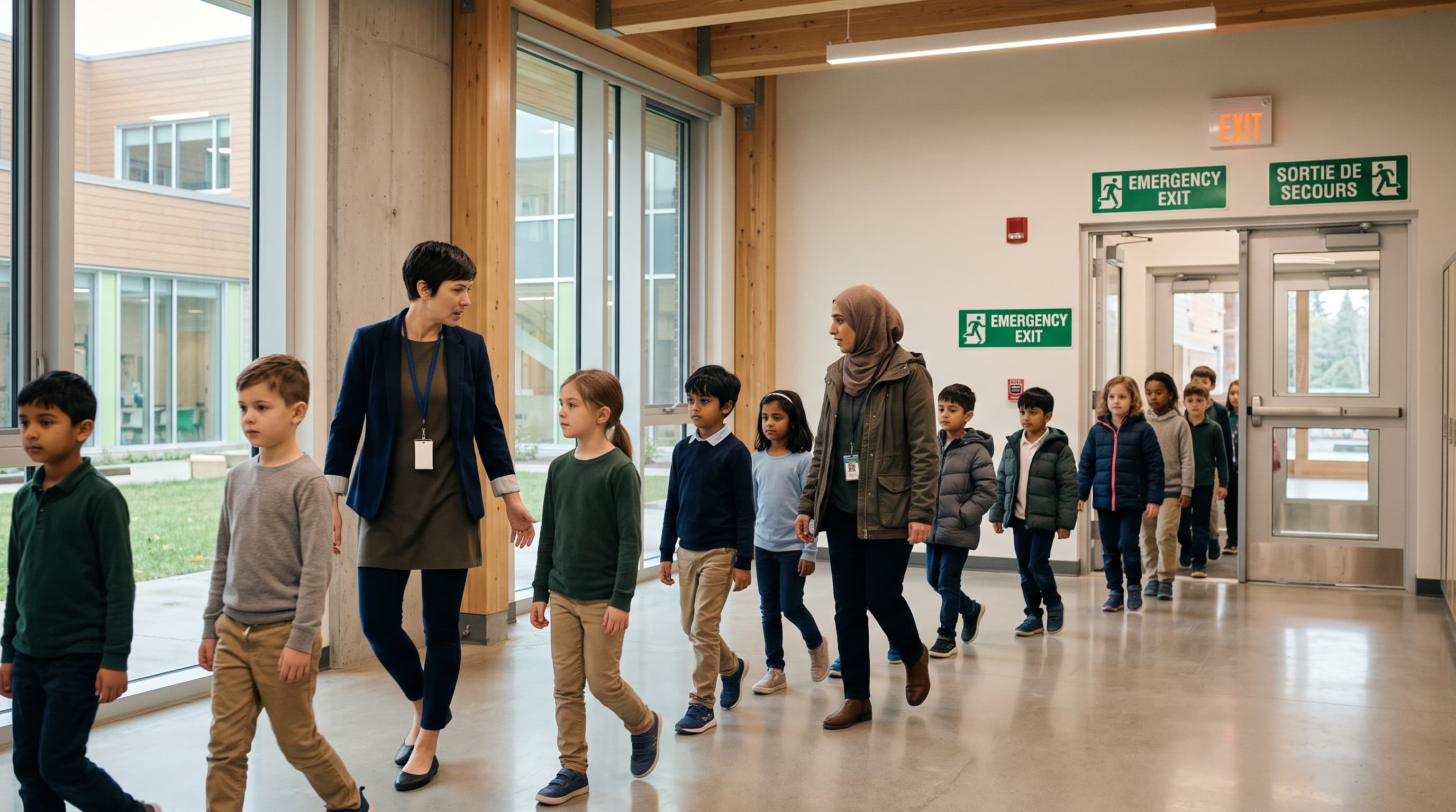 Teachers leading students through a school corridor during an evacuation drill